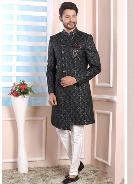 Gray Black Party Wear Mens Jaquard Silk Indo Western Collection 1695